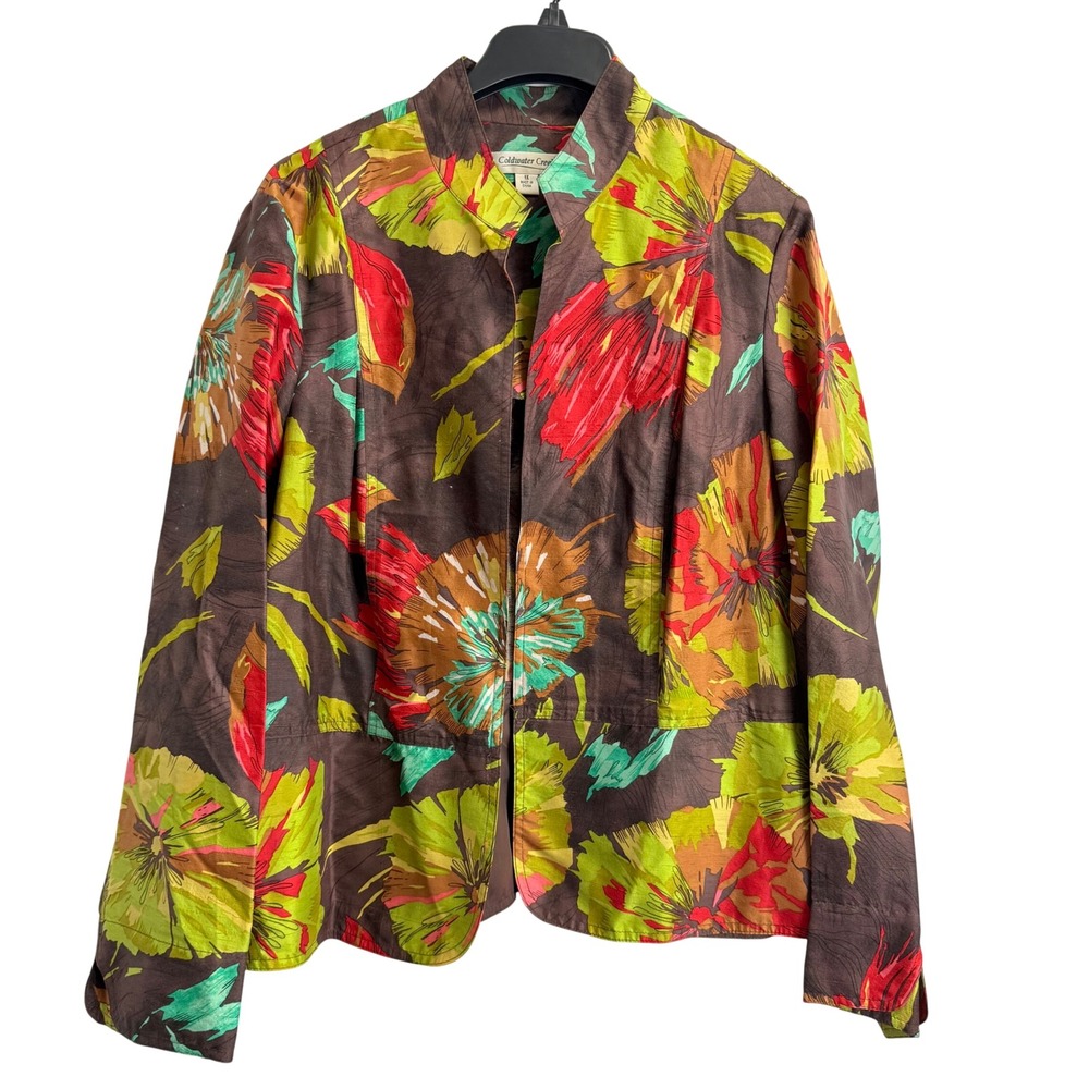 Coldwater Creek Women 1X Silk Floral Open Front Jacket Brown Green Bold Print